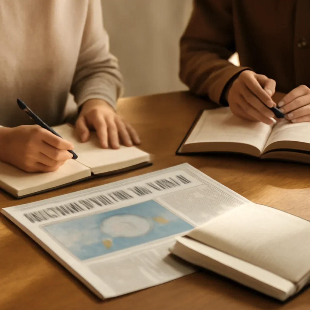 Closing call-to-action image for Legacy Home featuring readers, notebooks, and international affairs material
